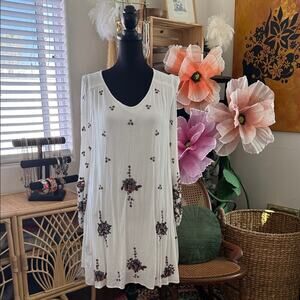 Free People White Oxford Floral Embroidered Boho Hippie Mini Dress